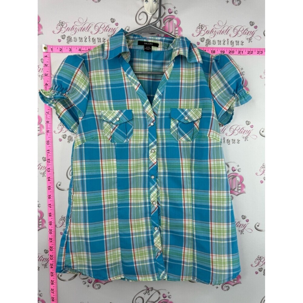Majora T-shirt y2k Blue Plaid Button-Down Shirt stripes orange blue green white